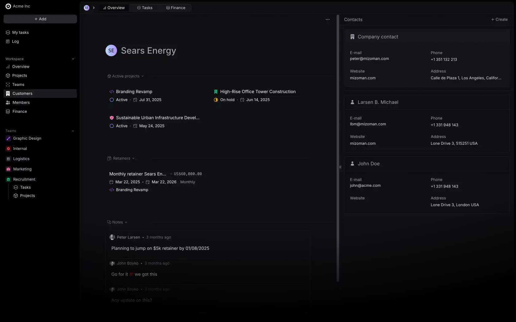 Customers section dashboard with a list of customers and their details