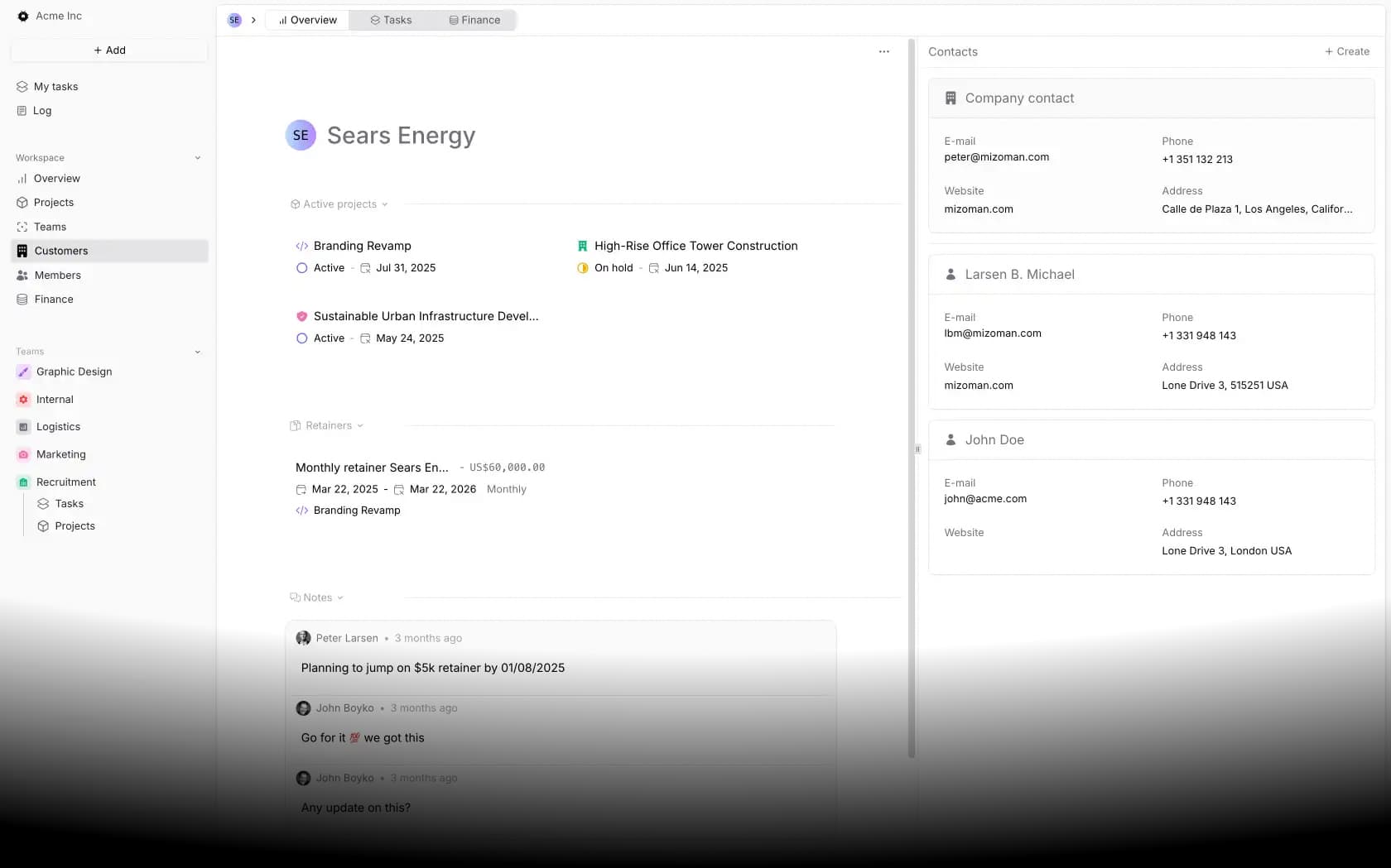Customers section dashboard with a list of customers and their details
