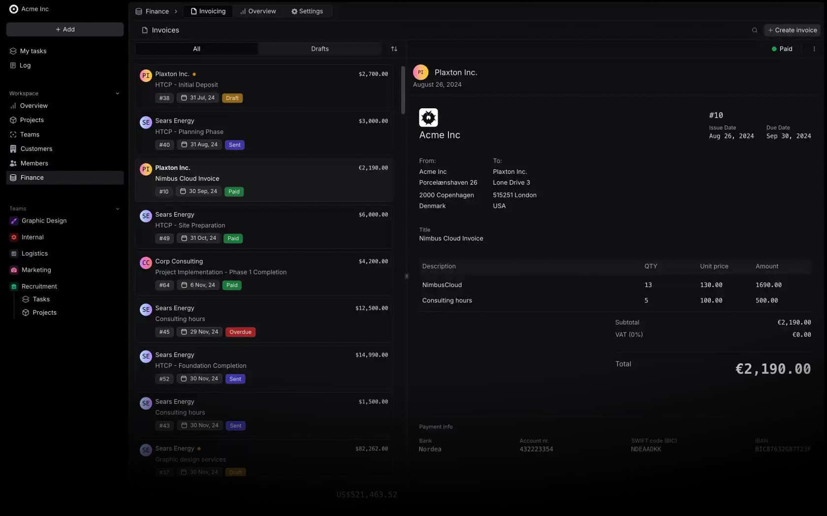 Invoicing section dashboard with a list of invoices and their amounts