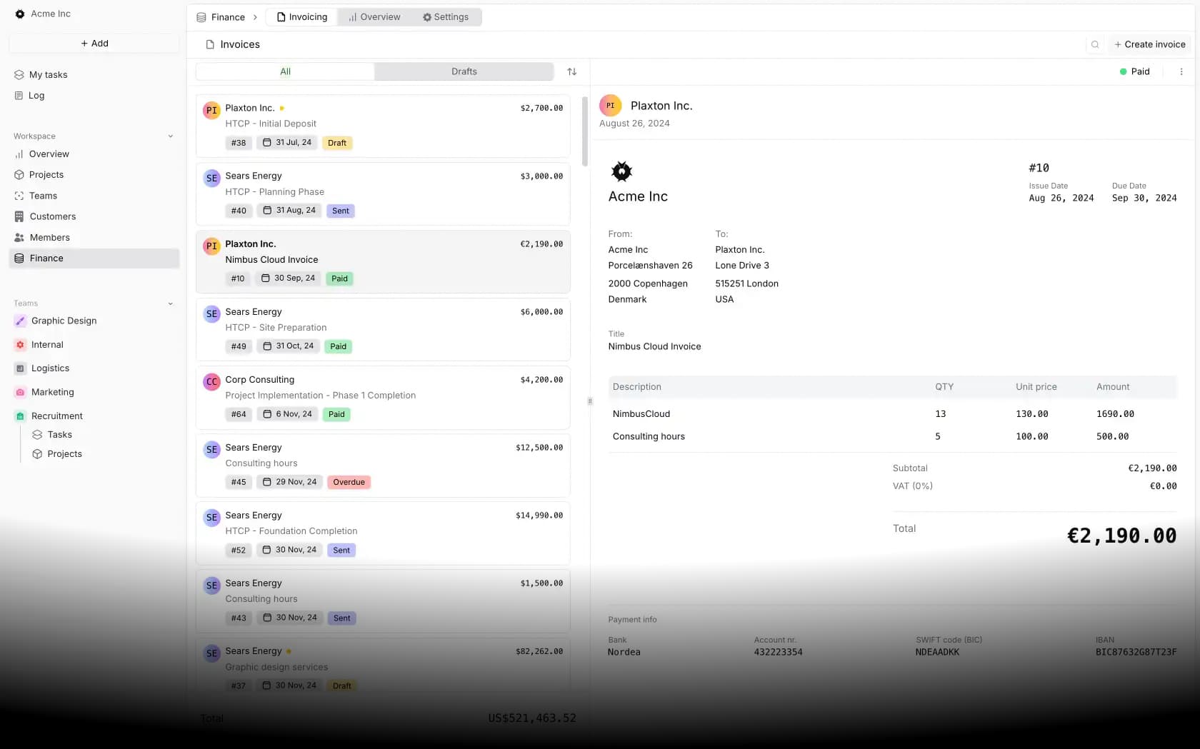 Invoicing section dashboard with a list of invoices and their amounts