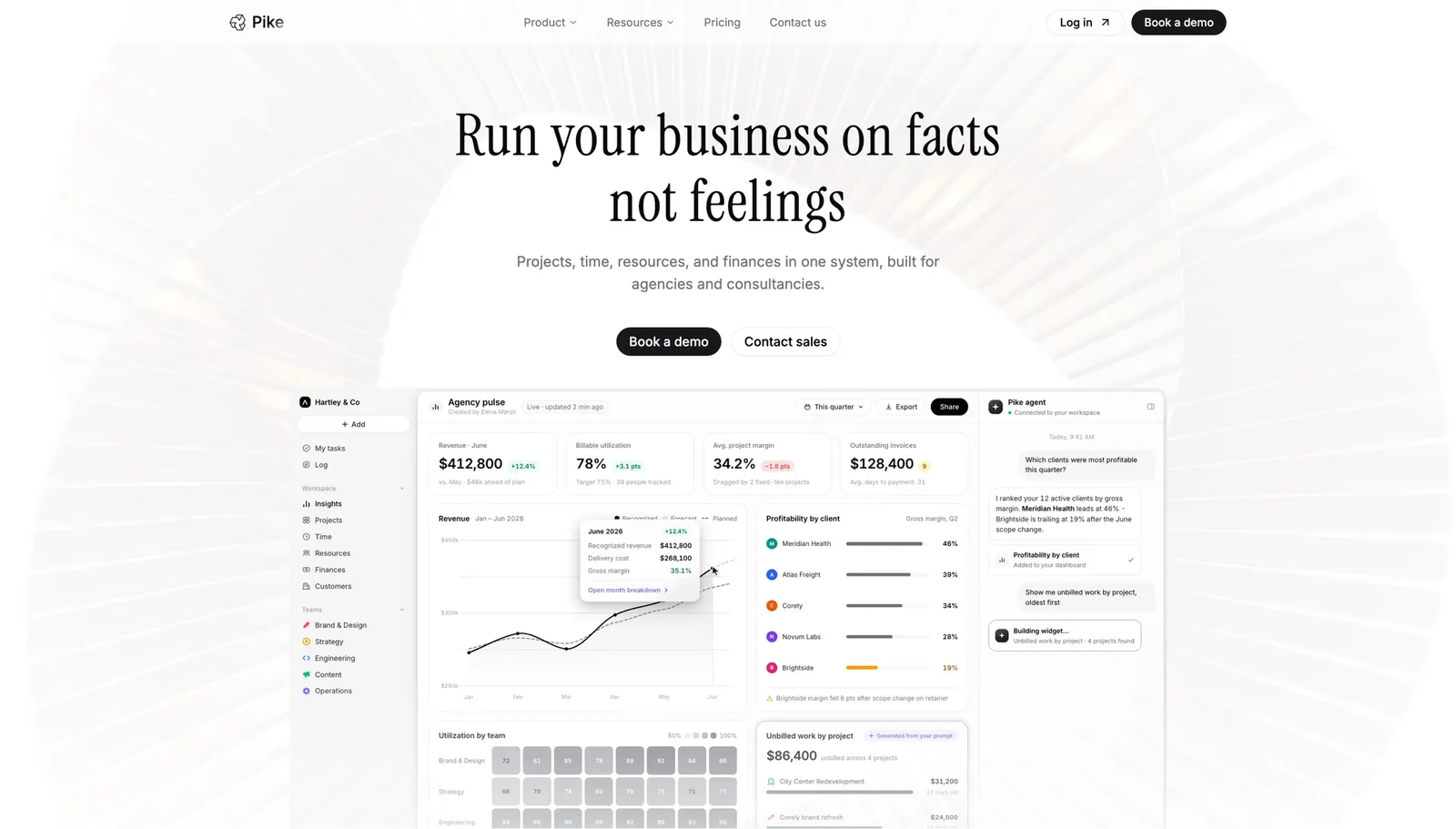 Pike dashboard showing resource allocation, utilisation, and project financials in one view