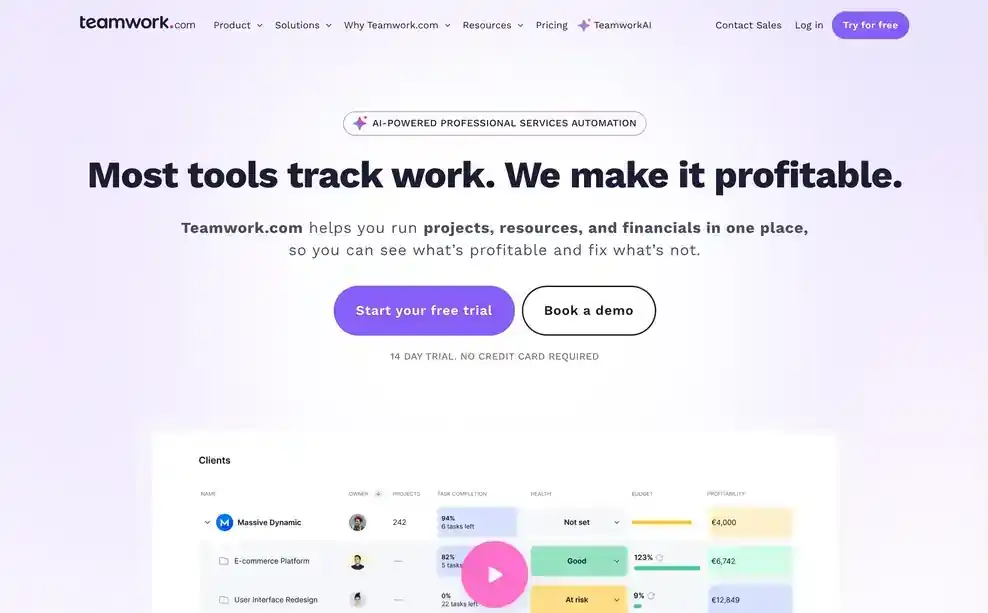Teamwork interface showing workload planning and integrations