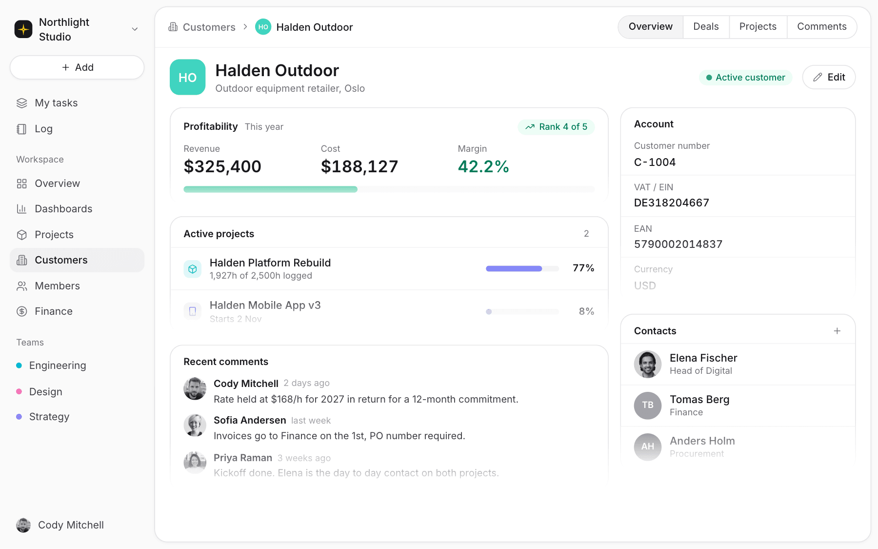 Kundekonto med projekter og margin