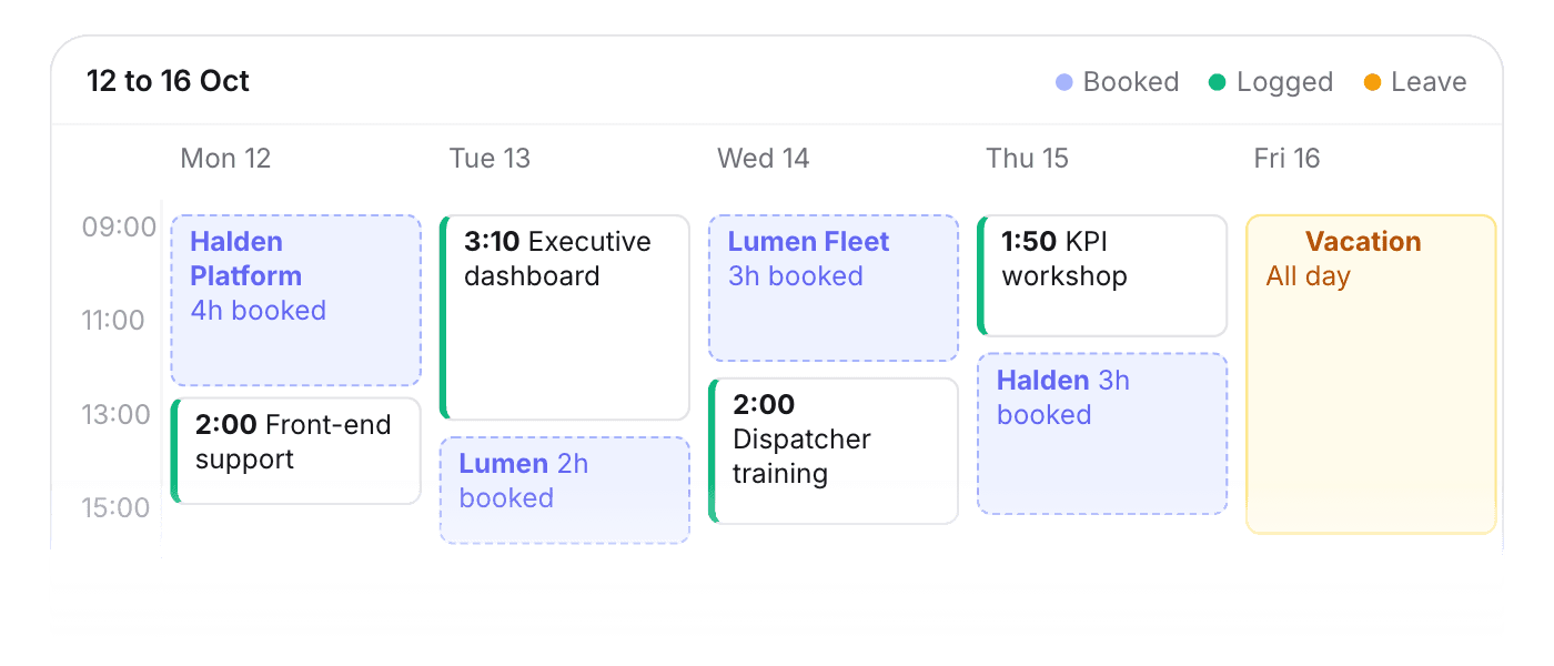 Activity calendar with bookings, hours, and leave