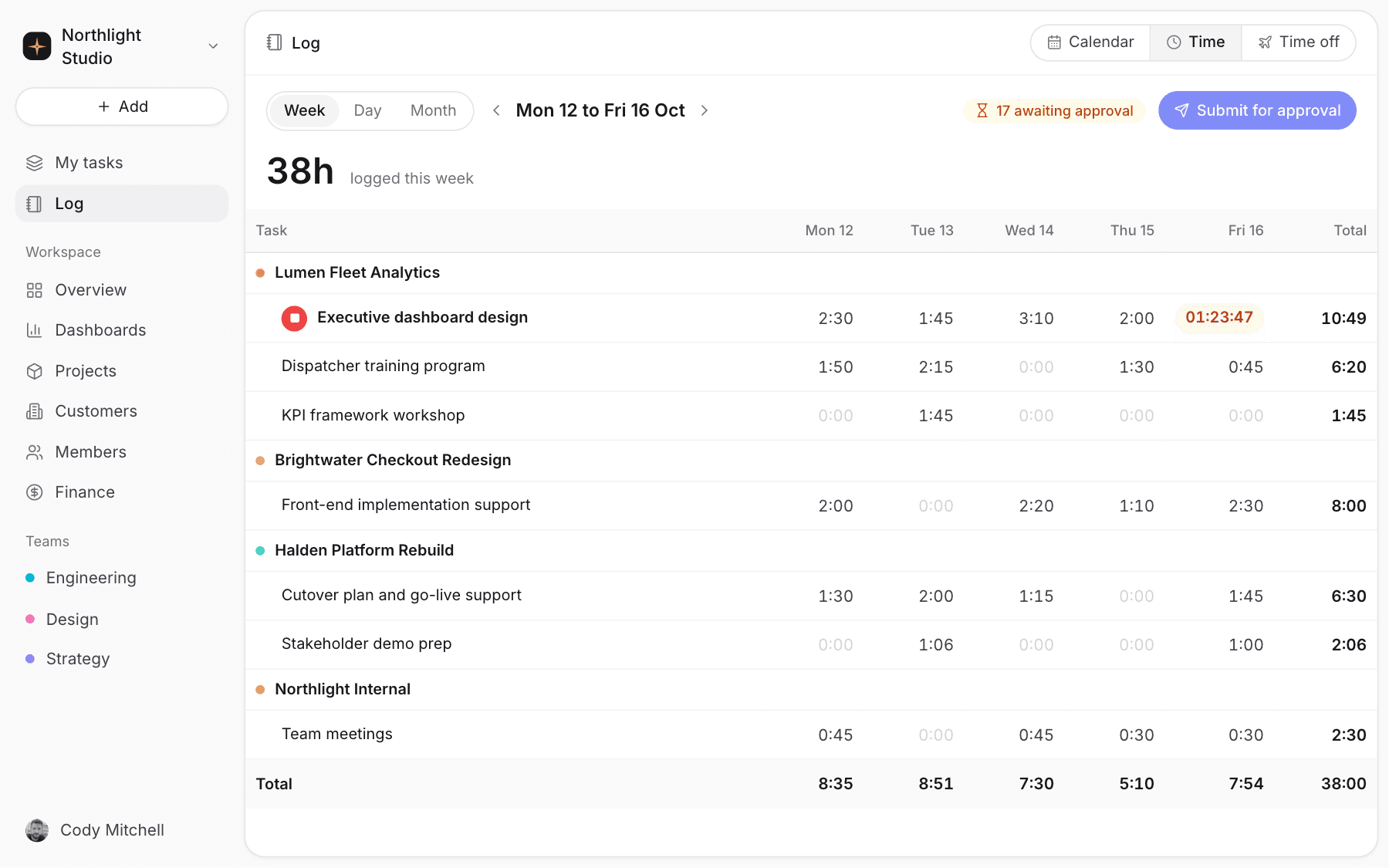Weekly timesheet with a timer running