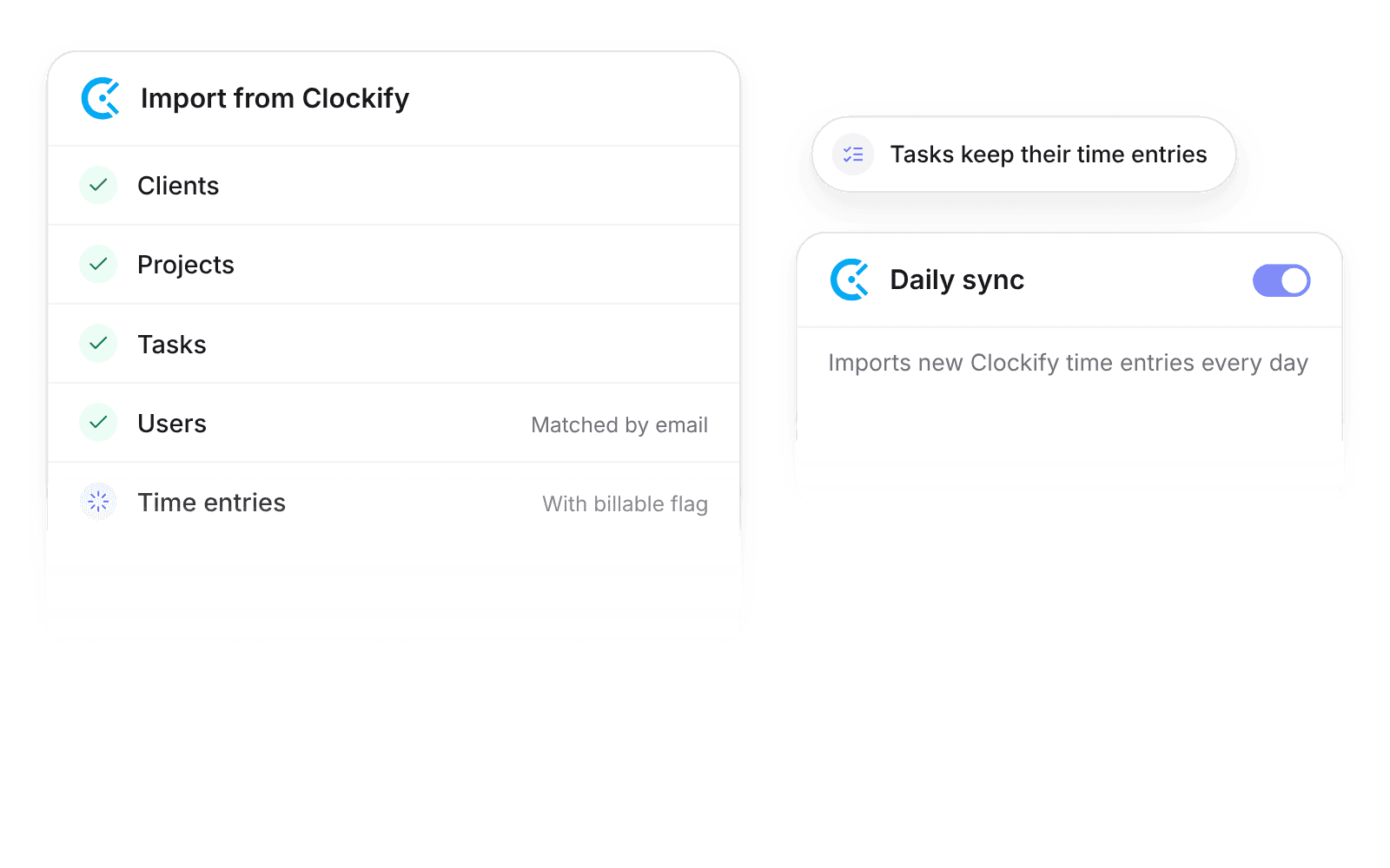 The Clockify import in Pike with clients, projects, and tasks done and time entries importing, with Daily sync turned on