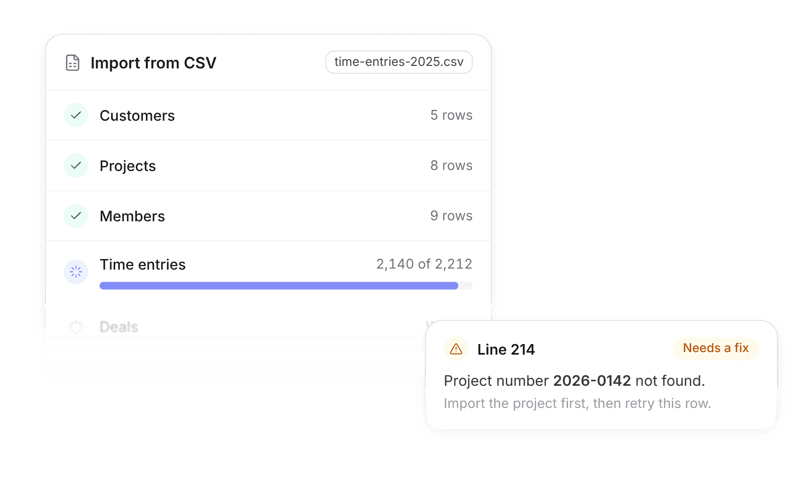 Pike's CSV importer with customers, projects, and members done, time entries importing, and a row error on line 214