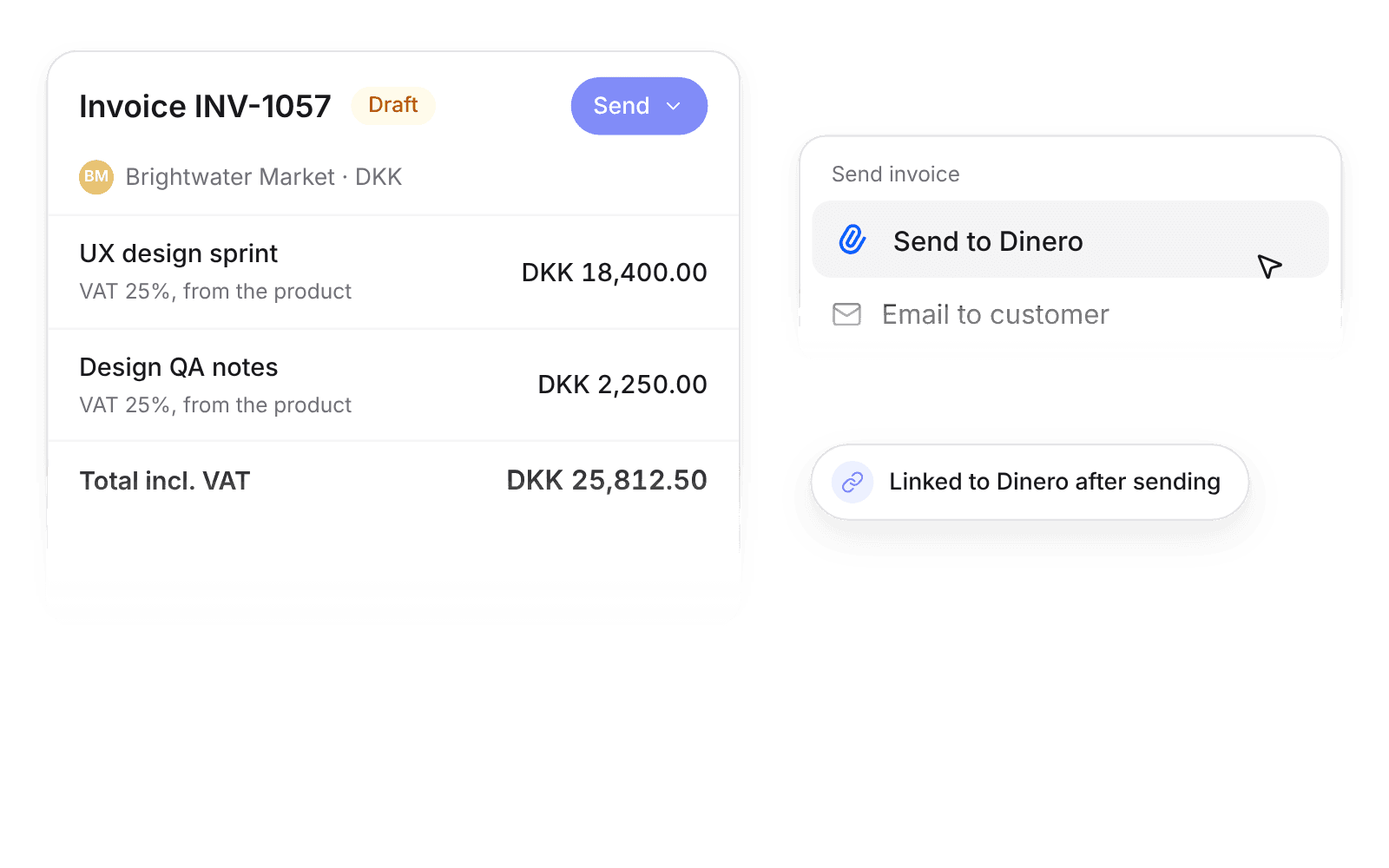 A Pike invoice in DKK with Send to Dinero selected, showing Danish VAT applied from the product on each line