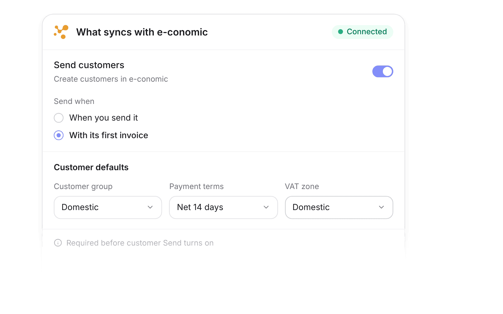 Pike's e-conomic sync settings with customer send turned on and customer defaults for group, payment terms, and VAT zone