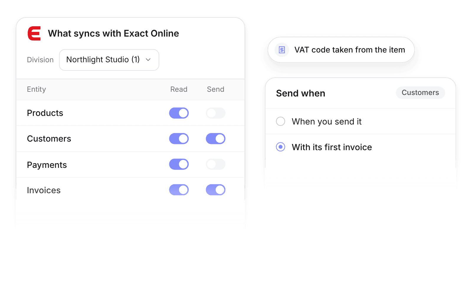 Pike's Exact Online sync settings for the Northlight Studio division, with invoice Send on and customers set to send with their first invoice