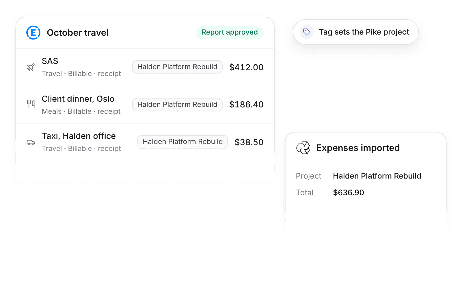 Expenses from an approved Expensify report imported into Pike, with the Expensify tag Halden Platform Rebuild setting the project