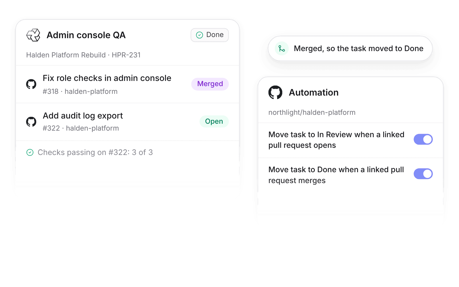 A Pike task with two linked GitHub pull requests, one merged and one open with checks passing, and the move-to-Done automation turned on