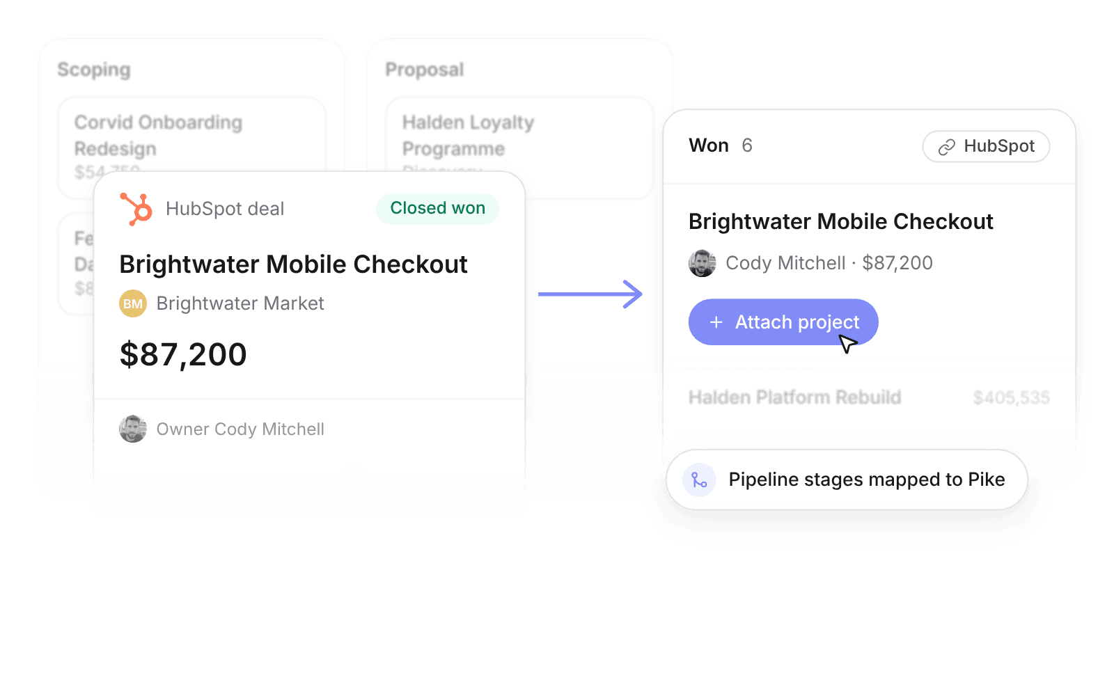 A closed-won HubSpot deal shown as Won in Pike, with an Attach project button