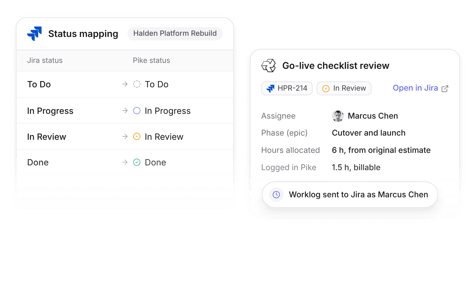 Pike's Jira status mapping table with To Do, In Progress, In Review, and Done, next to a synced task showing issue key HPR-214 and its hours
