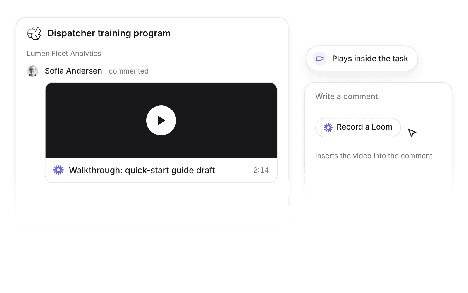 A Loom walkthrough playing inside a Pike task comment, with title and duration, next to the Record a Loom button in the comment box
