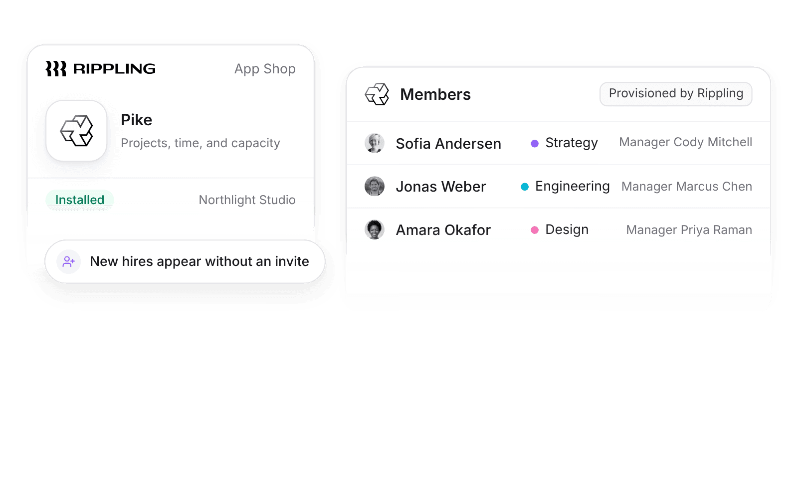 The Pike app in the Rippling App Shop, next to Pike members provisioned from Rippling with their teams and managers