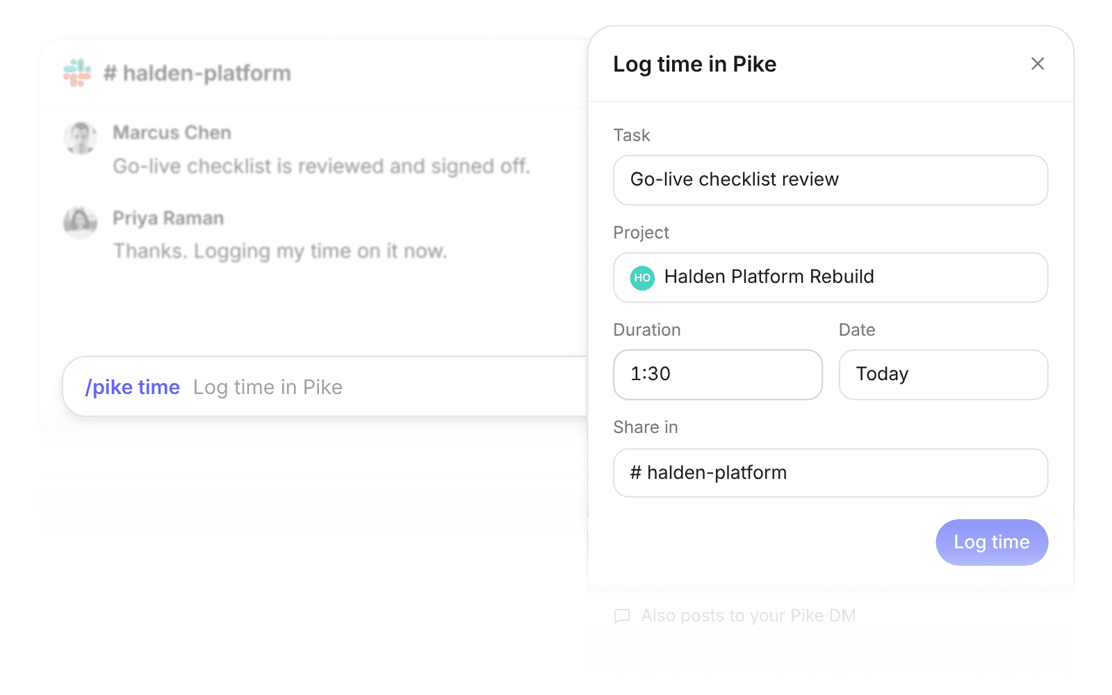 The Log time in Pike modal opened from the /pike time command in a Slack channel