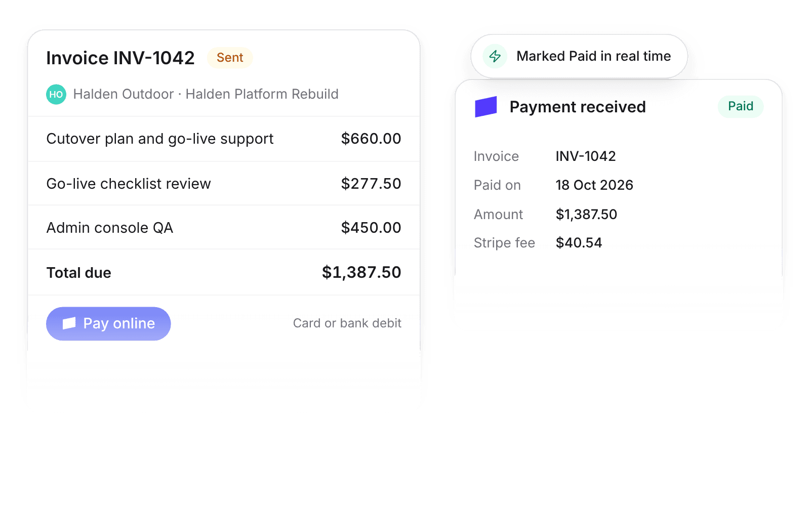 Invoice INV-1042 for Halden Outdoor with a Pay online button, and the invoice marked Paid with the Stripe fee recorded