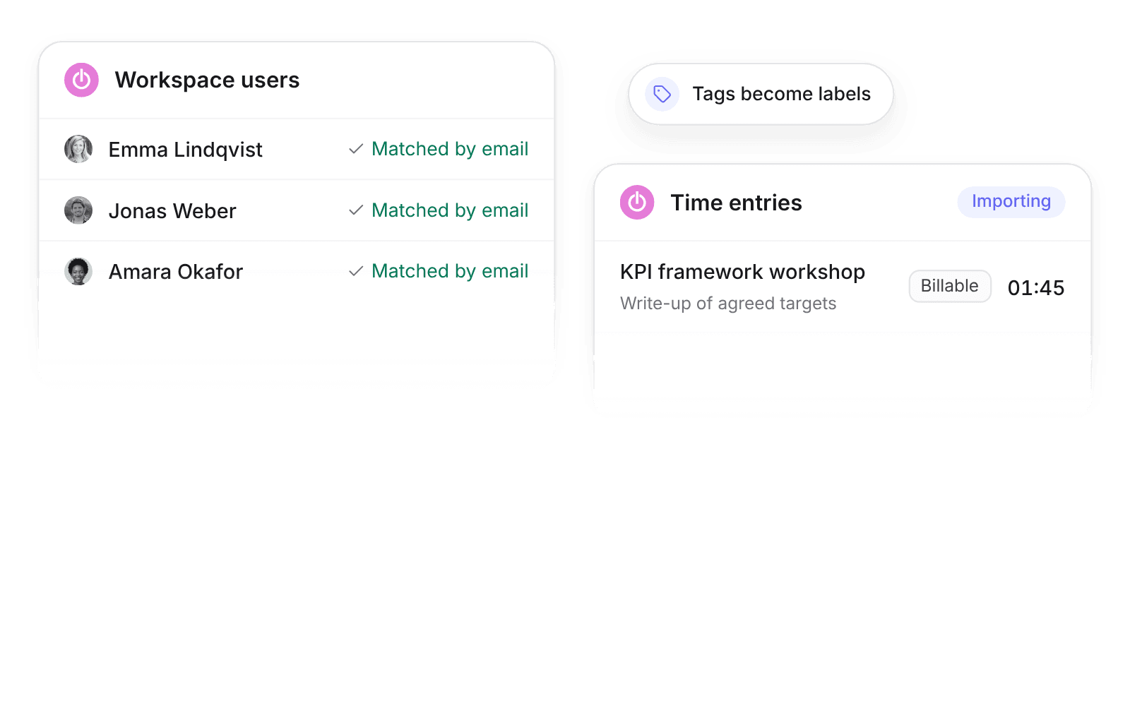 The Toggl Track import in Pike with workspace users matched to members by email and time entries importing with their billable flag