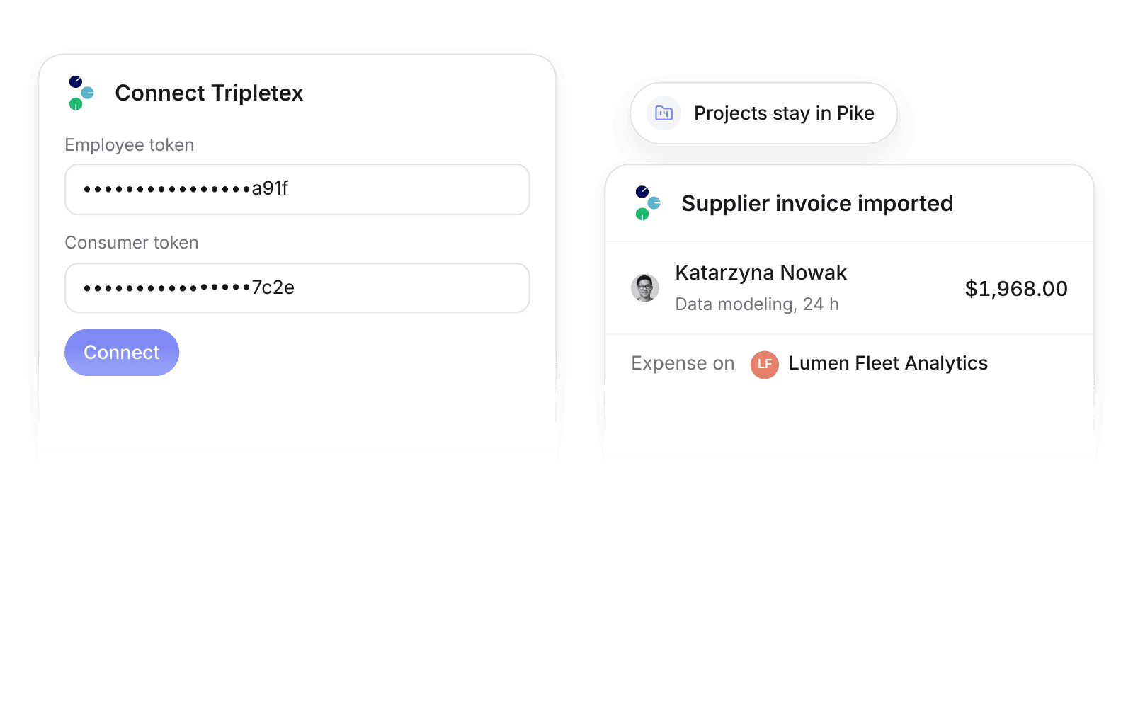 Pike's Tripletex connection form with employee and consumer tokens, next to a supplier invoice imported as a Pike expense