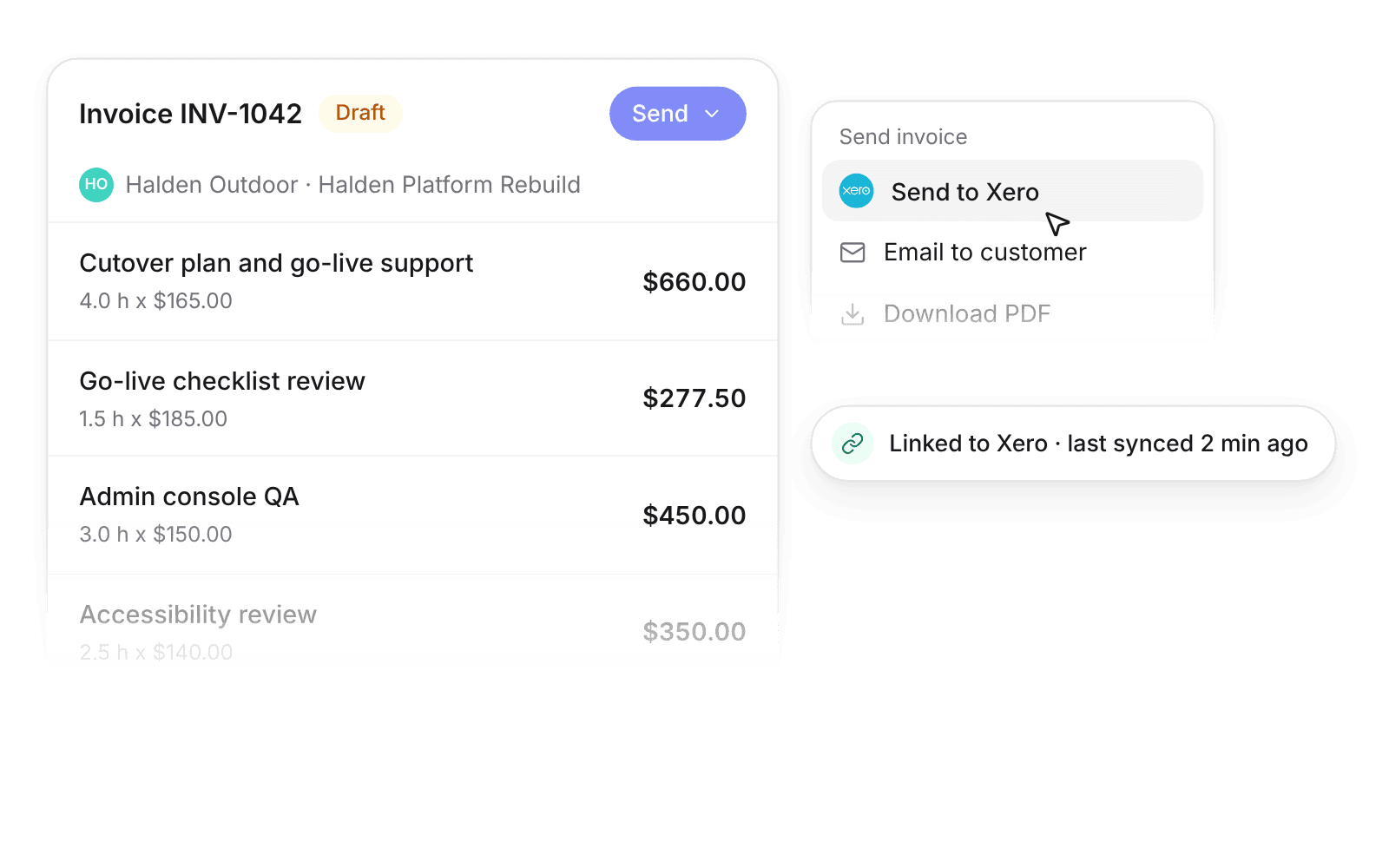 A Pike invoice for Halden Outdoor with the Send menu open on Send to Xero
