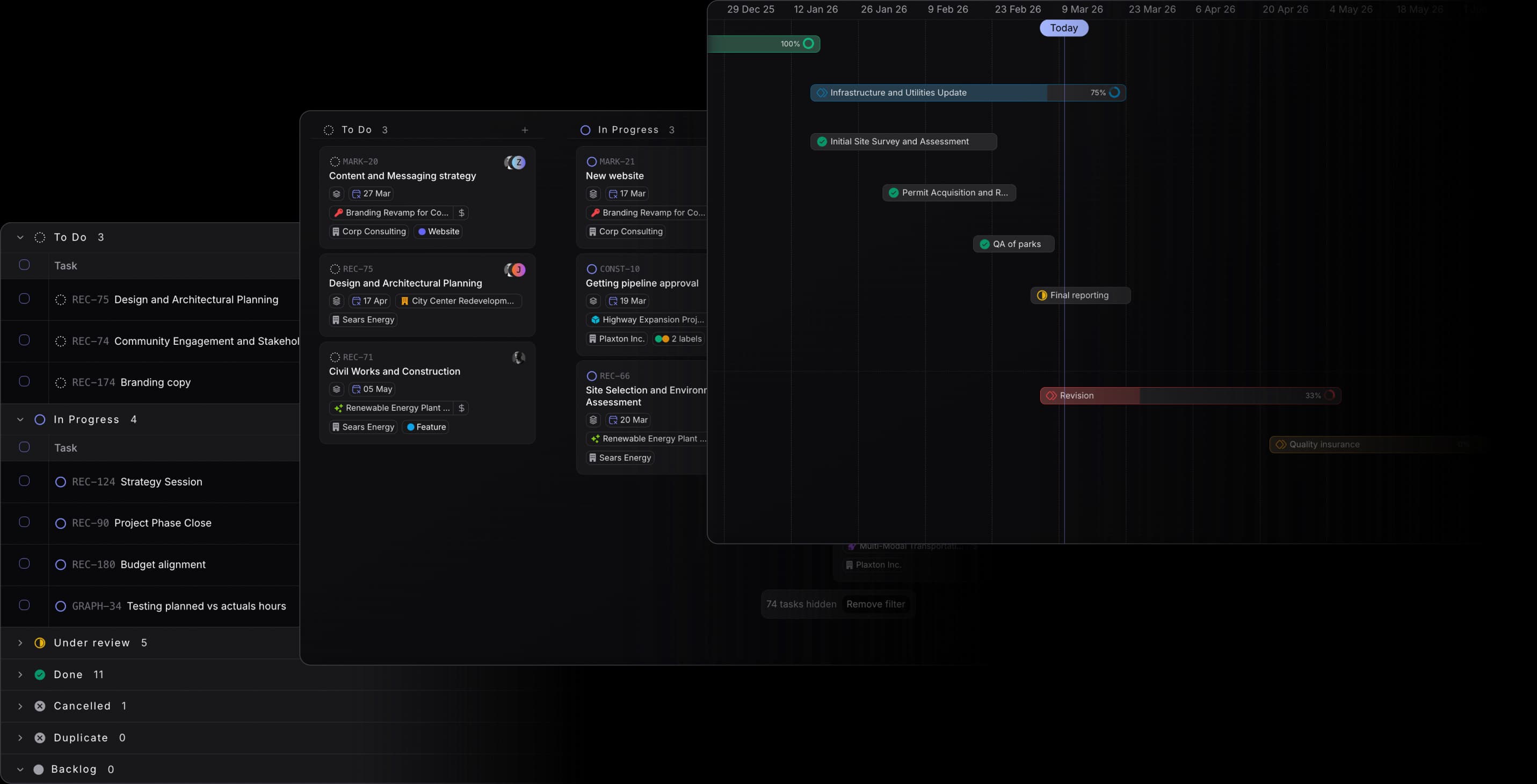 Project management views showing board, list and timeline layouts for task organisation in dark mode