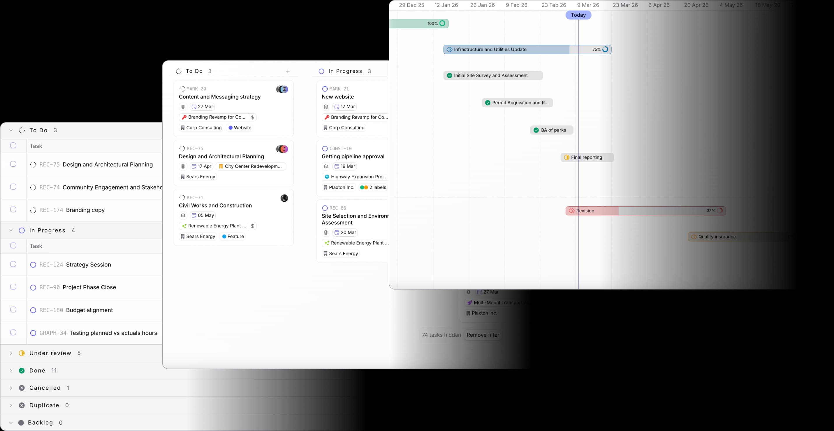 Project management views showing board, list and timeline layouts for task organisation in light mode