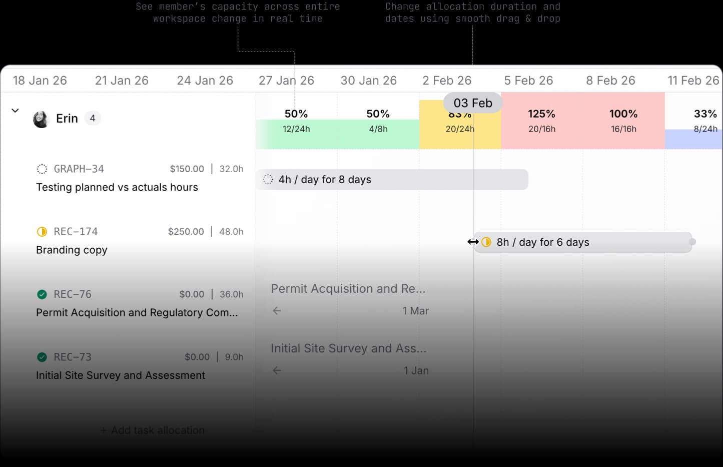 Timeline view of resource allocation showing capacity and project assignments over time