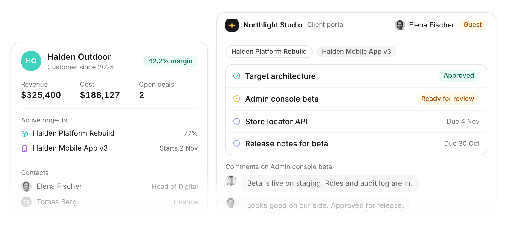 Halden Outdoor customer record with revenue, cost and margin, beside the client portal the customer sees