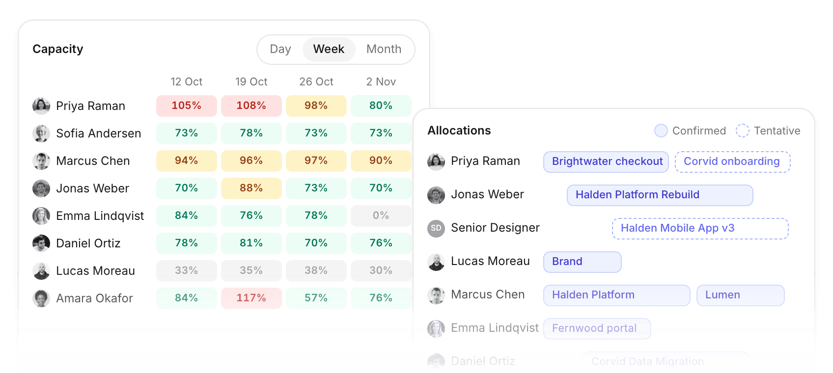 Light mode view of organizational resource allocation dashboard showing team capacity, project assignments and workload distribution