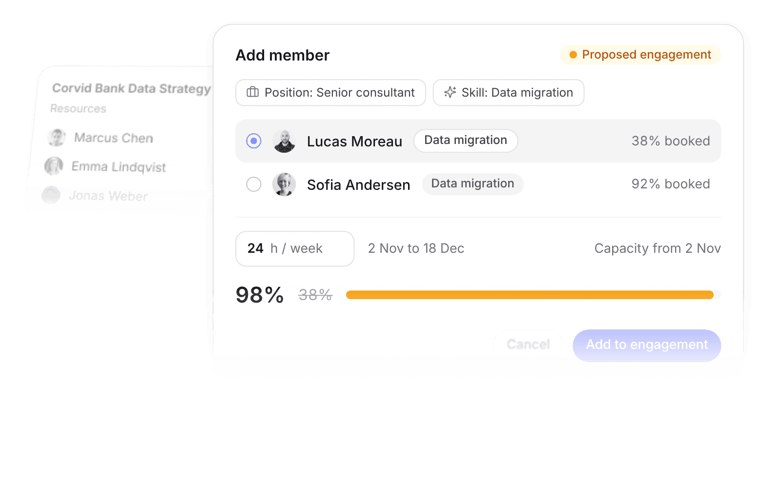 Staffing a consultant on an engagement, filtered by skill, with the capacity impact shown