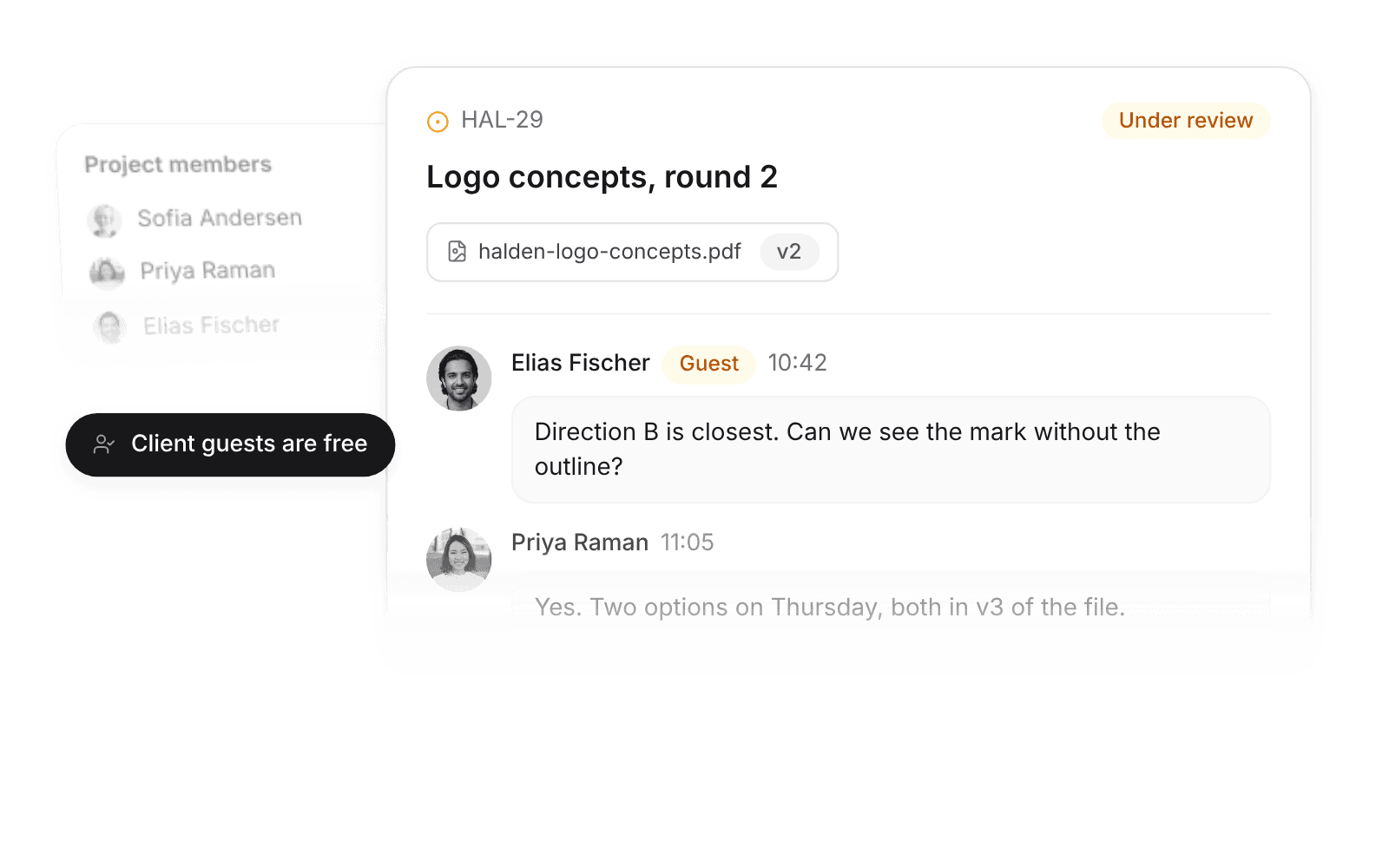 Design task with a client guest's comment on logo concepts and the designer's reply