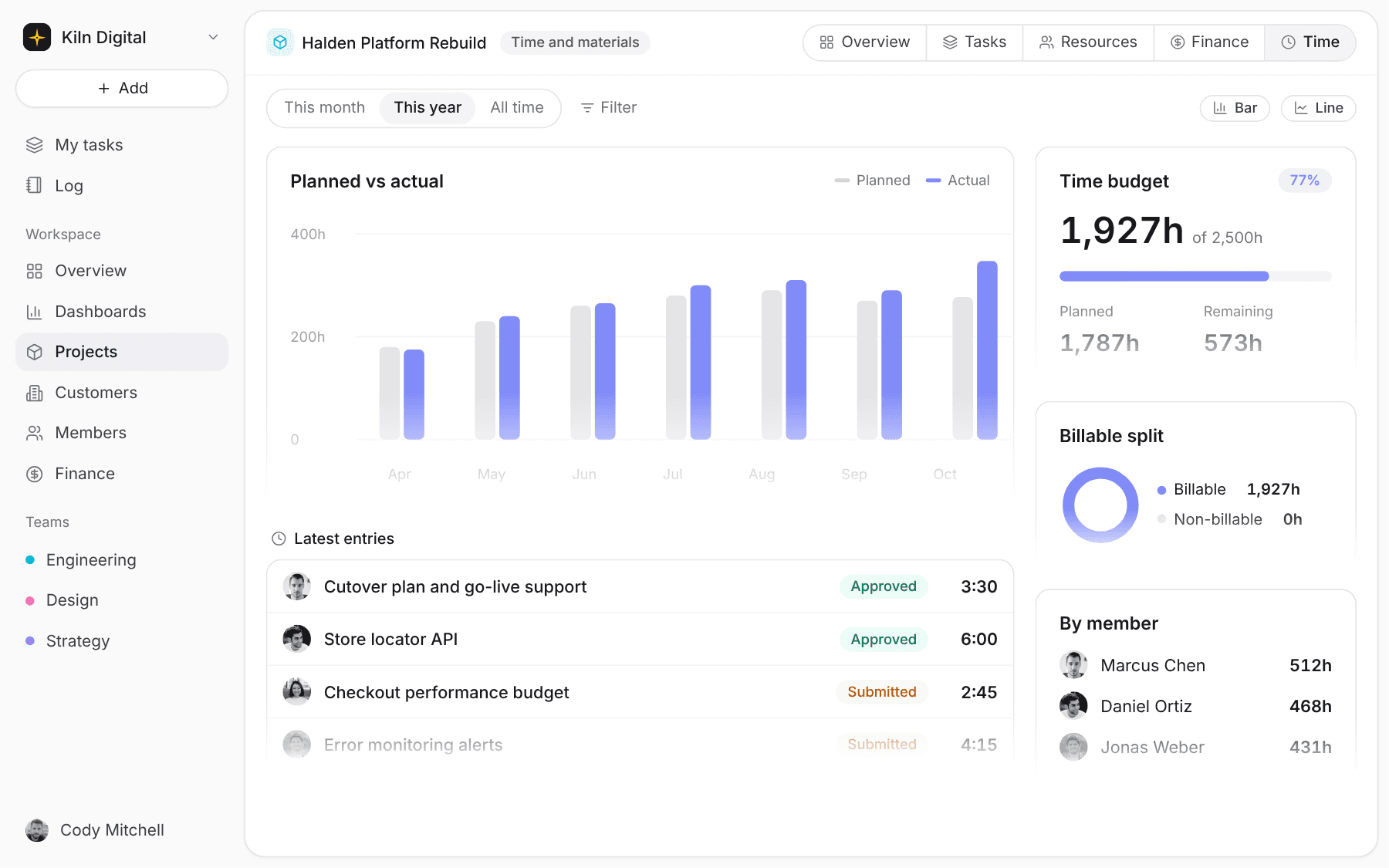 Project time view in Pike with a time budget, planned against actual hours by month, and the billable split