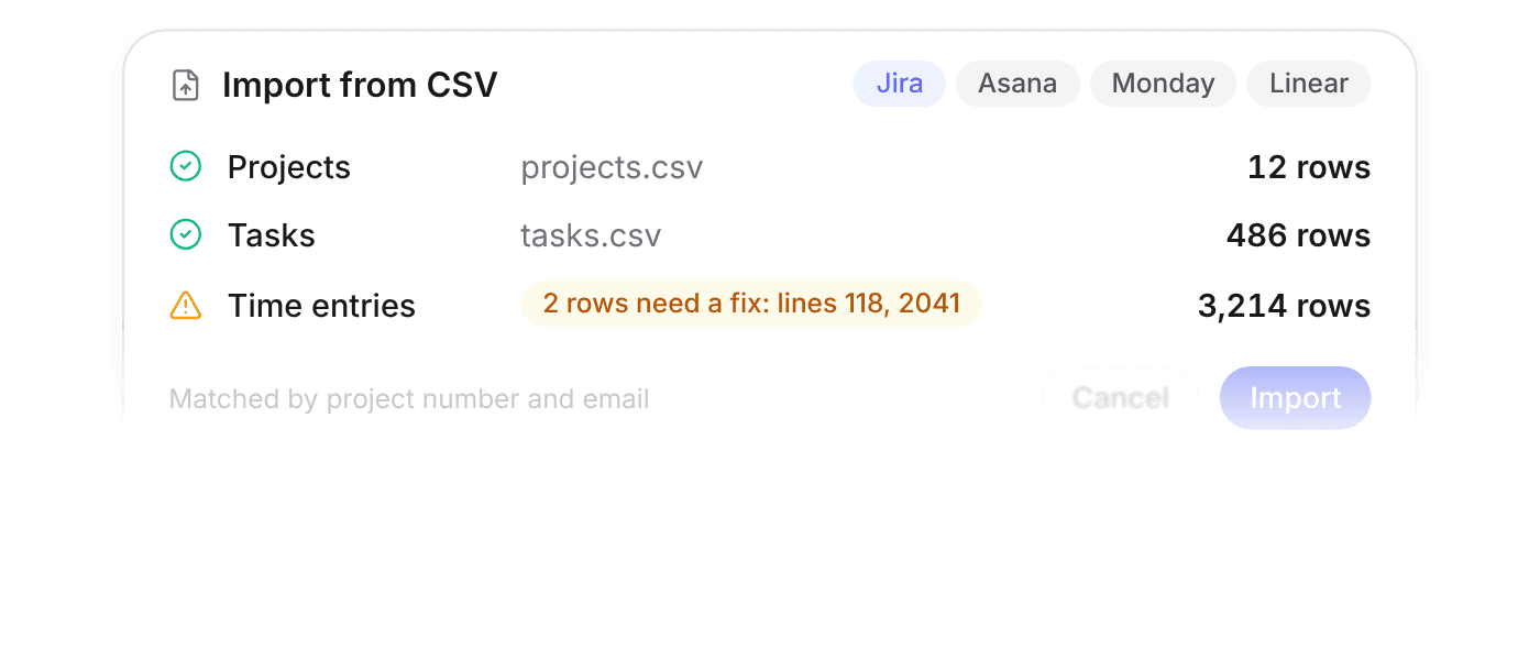 CSV import of projects and tasks with row validation