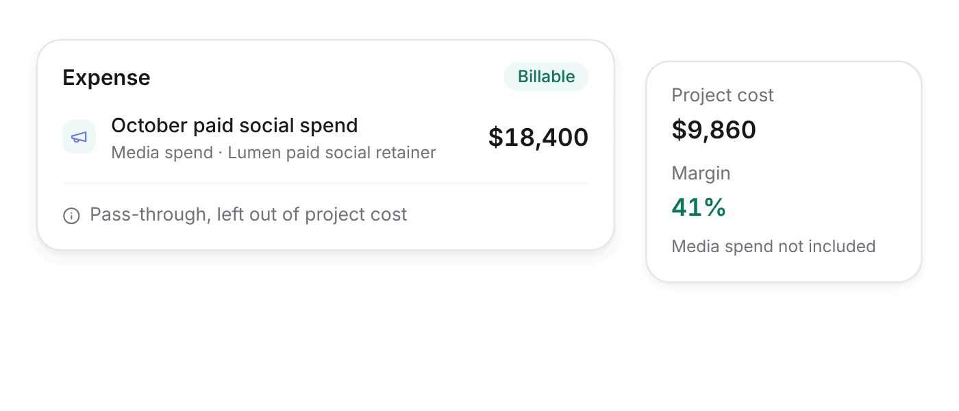 Billable media spend expense on a client project, left out of project cost and margin