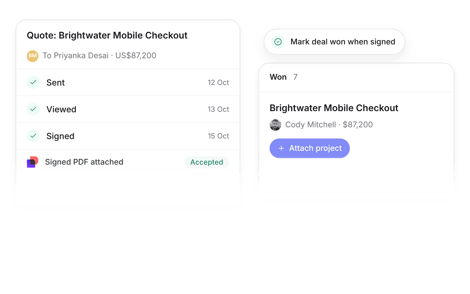 The Brightwater Mobile Checkout quote for $87,200 sent for signature with DocuSign, signed, and the deal moved to Won