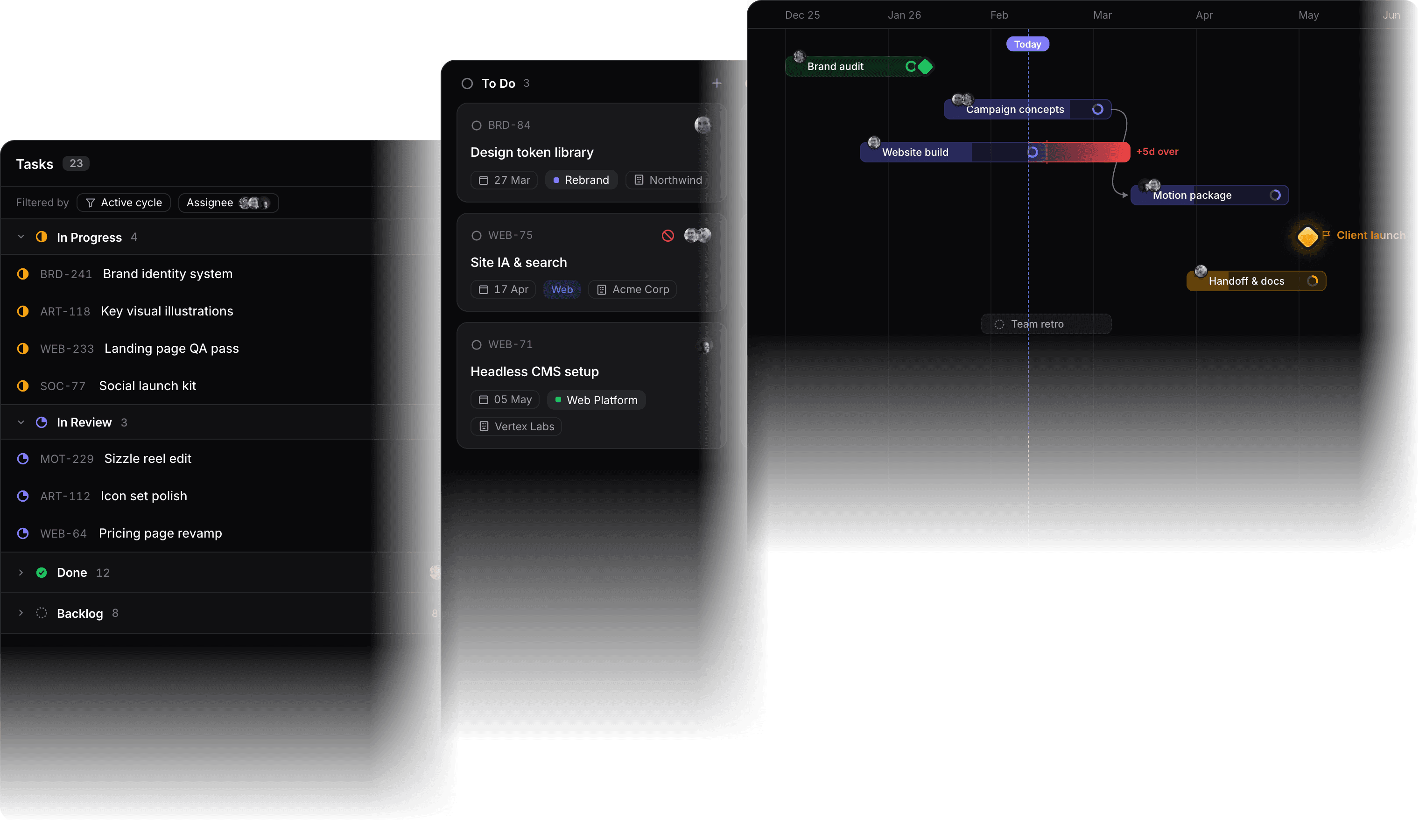 Project management views showing board, list and timeline layouts for task organization in dark mode